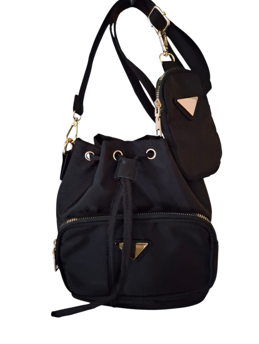 Black Nylon Drawstring Bucket Bag with Attached Pouch